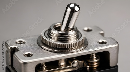 Industrial silver metal toggle switch in on position.