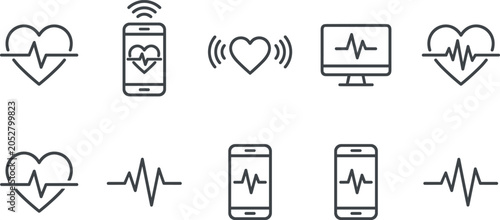 Fotografie Digital health and heart rate monitoring line icon set with smartphone app and e