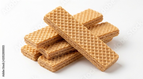 Stack of rectangular waffle cookies on white background