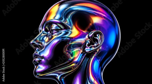 Iridescent chrome head sculpture with holographic reflections.