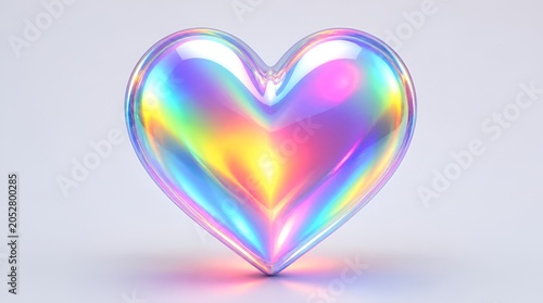 Iridescent glass heart on white background with soft shadows.