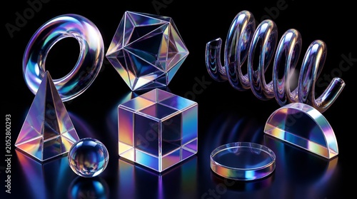 Iridescent glass geometric shapes on a black background