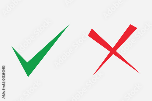 A minimalist vector graphic featuring a sharp green check mark symbol on the left and a bold red cross mark icon on the right, isolated on a light gray background.