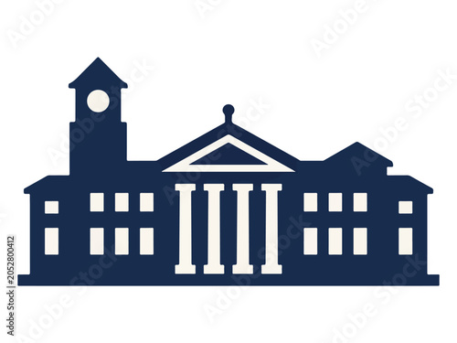 Navy blue building with clock tower and columns  architectural icon  educational institution