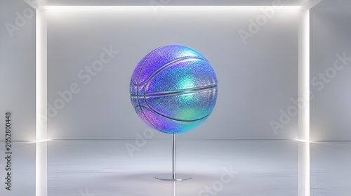 Iridescent holographic basketball floating in white studio.