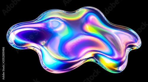 Iridescent holographic fluid blob isolated on black background.