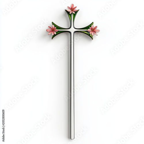 Ornate White Cross with Pink and Green Flowers on White Background