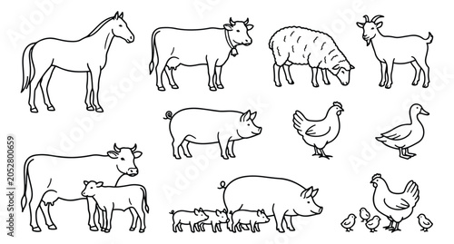 Fotografía Hand drawn farm animals vector set, minimalist line art livestock icons, rustic