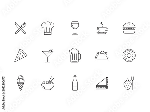 Set of black line icons of food and drink items including utensils and chef hat on white background