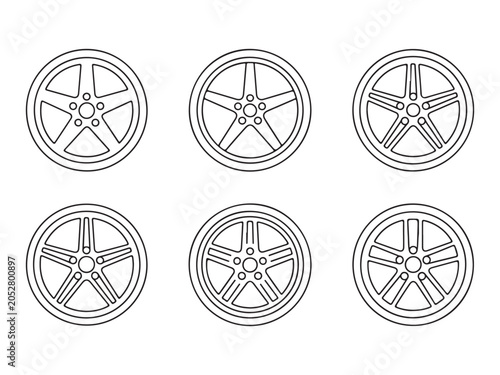 Set of six different car wheel designs with various spoke patterns and shapes for automotive or transportation related concepts  wheel rims