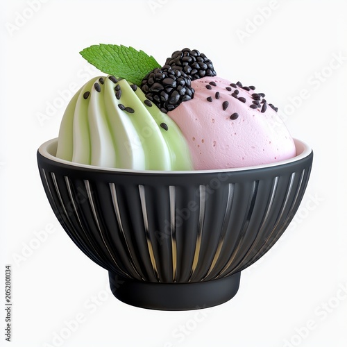 Pink and Green Ice Cream Scoops with Blackberries in Black Bowl
