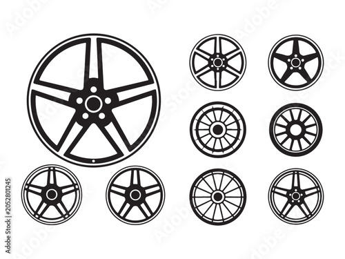 Set of various wheel rims for cars and other vehicles in different designs and sizes  isolated on white background