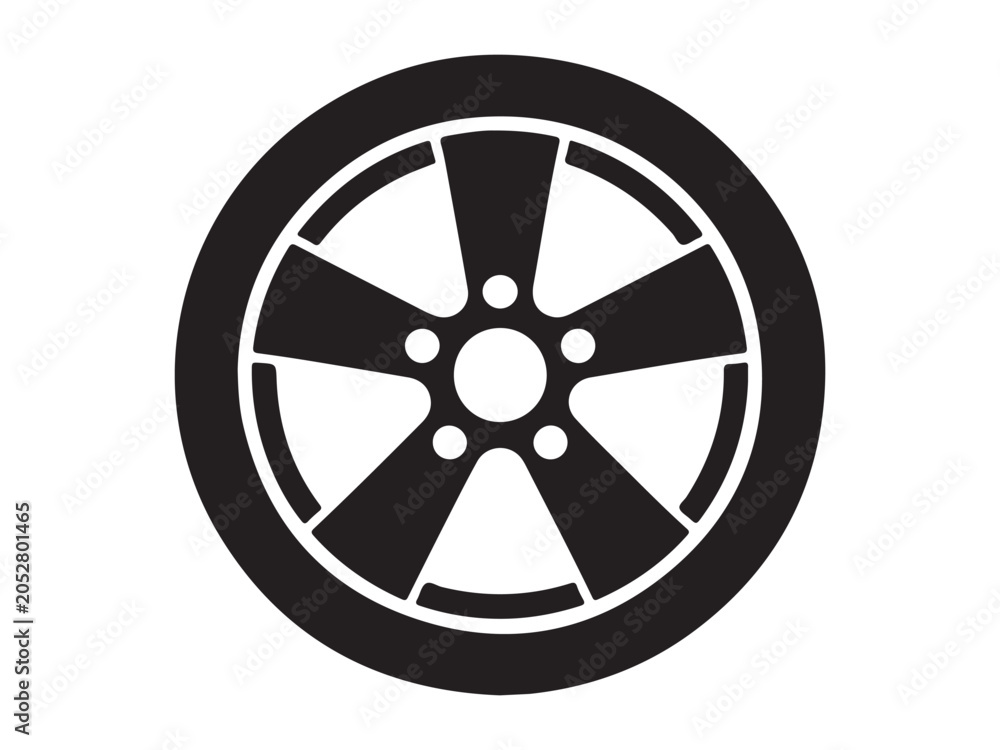 Obraz premium Tire wheel with five spokes and a circular center isolated on white background car part