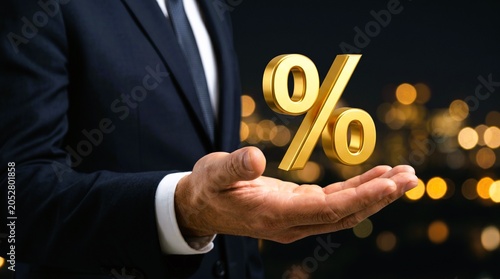 Golden Percentage Symbol presented by a businessman's hand, ideal for advertising attractive financial interest rates, discount offers, and investment growth opportunities.