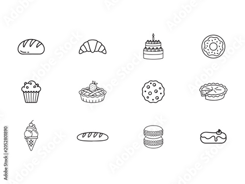 Various sweet and savory baked goods and desserts icons  bread cake donut muffin pie cookie ice cream