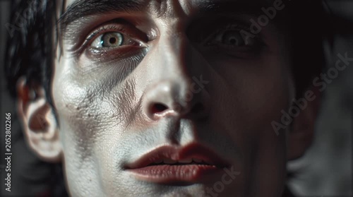Close up of a man's face with dramatic lighting showing intense gaze and textured skin
