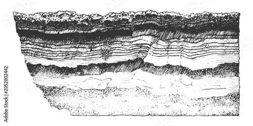 Konstfotografi Hand drawn geological soil layers cross section background with underground earth stratigraphy and rock sediment textures vector illustration