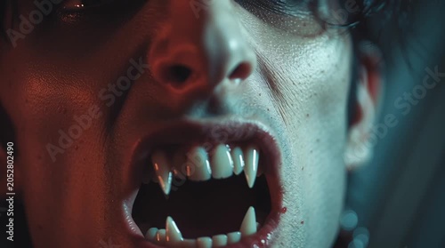 Close up of a man with vampire fangs and sharp teeth in dramatic lighting