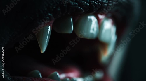 Close up of a vampire mouth with sharp fangs and bloody lips in dark lighting