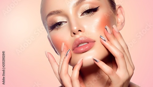 Close-up beauty portrait of a woman with glamorous makeup and silver detailed manicure nails touching her face, illustrating premium salon cosmetics.
