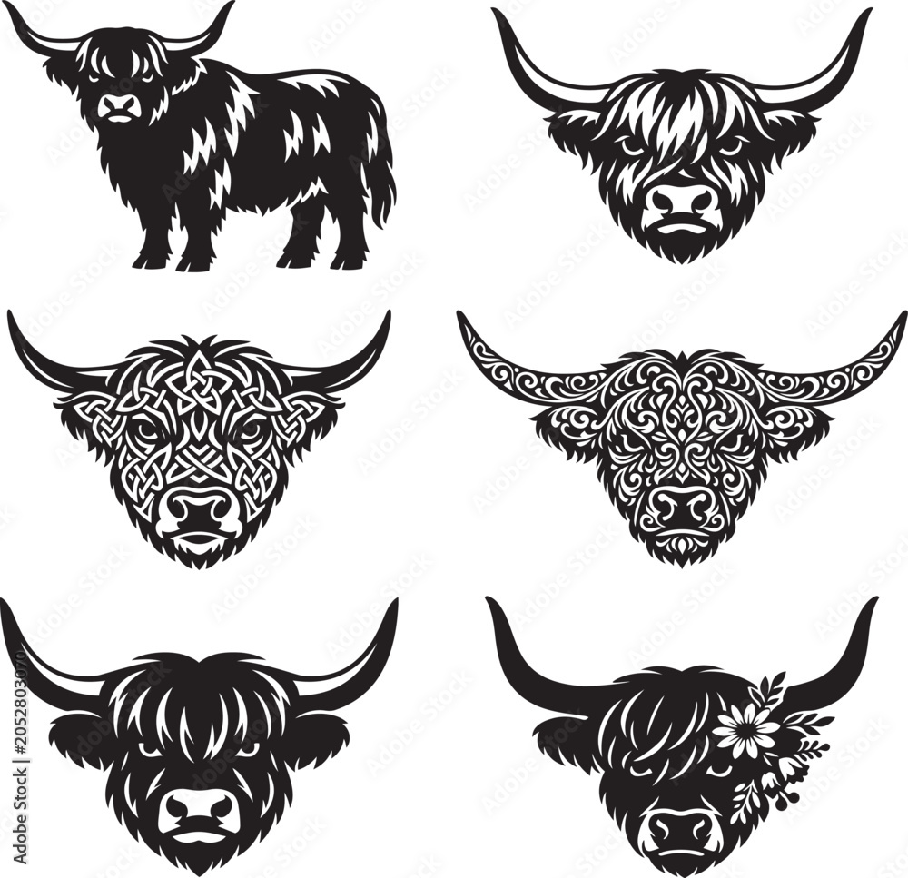 Obraz premium Highland Cow Head and Full Body Vector Bundle with Celtic Floral and Decorative Farm Animal Designs 