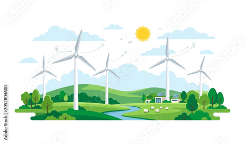 Renewable Wind Energy Illustration Featuring Sustainable Power and Green Natural Landscape