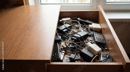 Drawer Filled with Old Chargers, Cables and Electronic Accessories