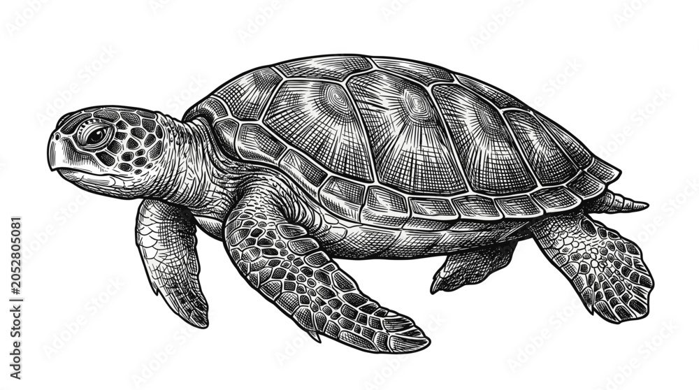 Obraz premium Hand Drawn Turtle Ink Sketch in Vintage Wildlife Engraved Style