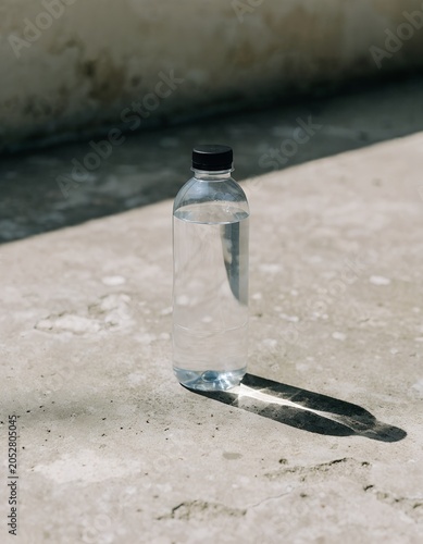 Clear Plastic Water Bottle Outdoors with Natural Sunlight and Blurred Background.