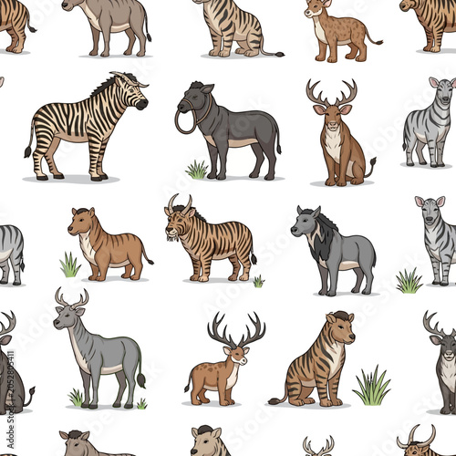 Photography Seamless Pattern of Diverse Wild Animals in Cartoon Style.