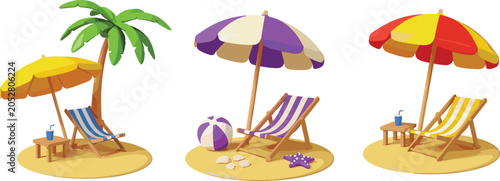 Bild auf Leinwand Beach Umbrella and Deck Chair Illustration Collection with Tropical Vacation Res