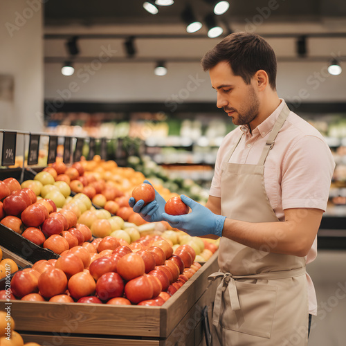 Supermarket Employee Checking Fresh Apples on Display