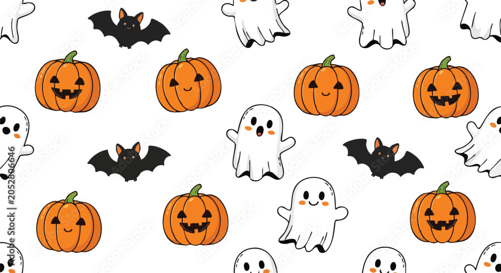 Fototapeta premium Modern Seamless Halloween Pattern With Orange Pumpkins Tiny Black Bats and Friendly White Ghosts on a Crisp White Background
