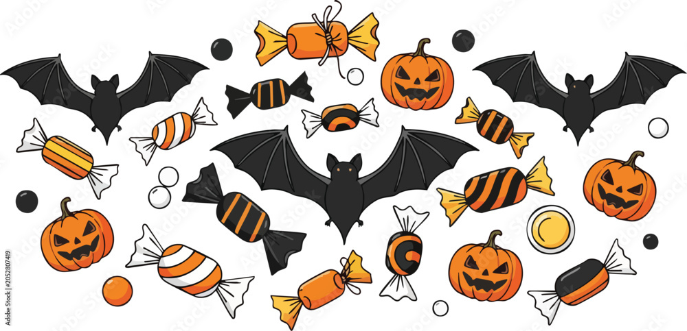 Fototapeta premium Seamless Collection of Halloween Wrapped Candies Flying Bats and Small Carved Pumpkins Arranged Over White Background