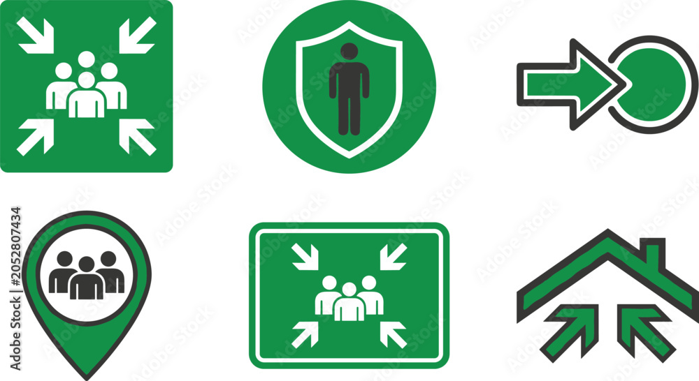 Fototapeta premium Emergency evacuation assembly point vector icon set featuring gather arrows safe zone pin shield and shelter elements