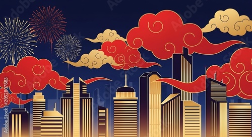 Stylized illustration of a city skyline at night with fireworks and ornate red/gold clouds