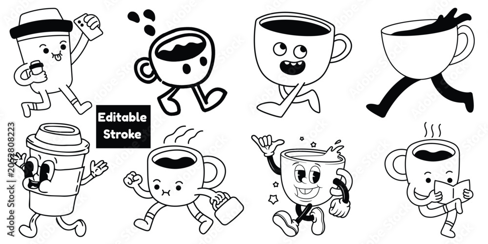Fototapeta premium Retro Cartoon Walking Coffee Cup Character Vector Set - Editable Stroke.