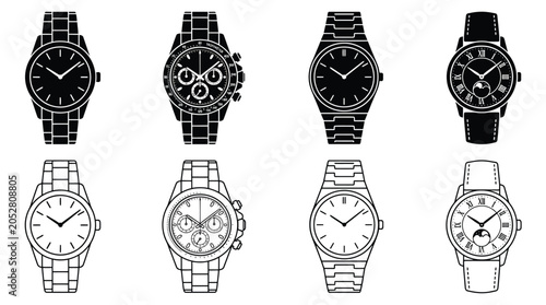 Foto Set of luxury wrist watches icons, vector illustration of classic and chronograp