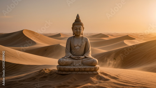 Buddha statue in desert dunes at sunrise. Sacred meditation landscape. Spiritual silence and inner peace