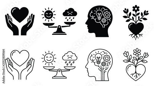 Bild auf Leinwand Mental health and emotional wellbeing icon set, vector illustration of care, bal