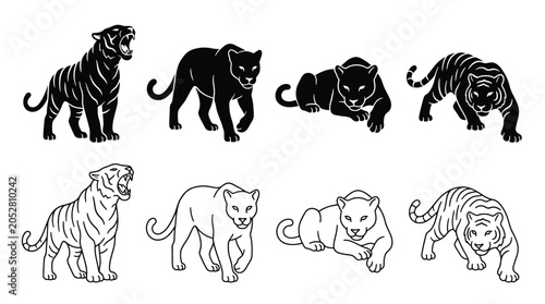 Canvas Print Set of tiger and panther silhouettes, black and white vector illustrations of wi