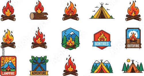 Foto Campfire and Outdoor Camping Adventure Collection Vector Set Isolated on White B