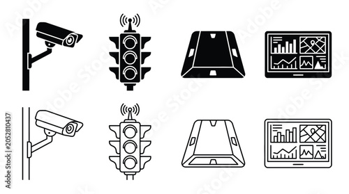 Tableau sur toile Smart city infrastructure icons set, including surveillance camera, traffic ligh