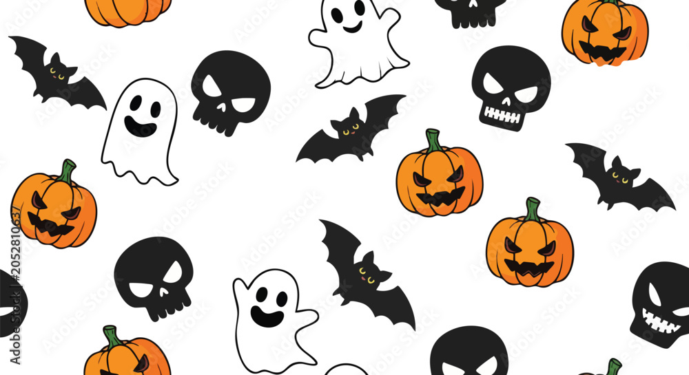 Fototapeta premium Seamless Pattern of Black Skulls and Orange Pumpkins With Playful Spooky Characters Over Clean White Background