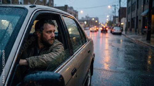 Thoughtful Driver Looking Out Car Window on Rainy City Street