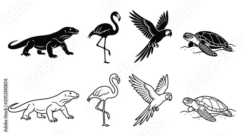 Photography Set of exotic animals, including komodo dragon, flamingo, parrot, and sea turtle