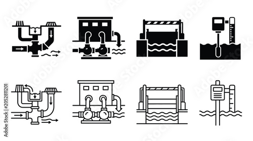 Bild auf Leinwand Set of water treatment and sewage system icons, including pump stations, filtrat