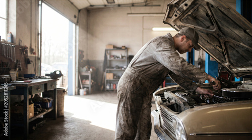 Experienced Auto Mechanic Repairing Classic Car Engine in Workshop