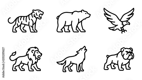 Photography Wild Animal Icons Set, Majestic Lion, Roaring Tiger, Howling Wolf, Bear, Eagle,