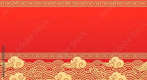 Vector illustration of a red backdrop with golden decorative borders and cloud patterns
